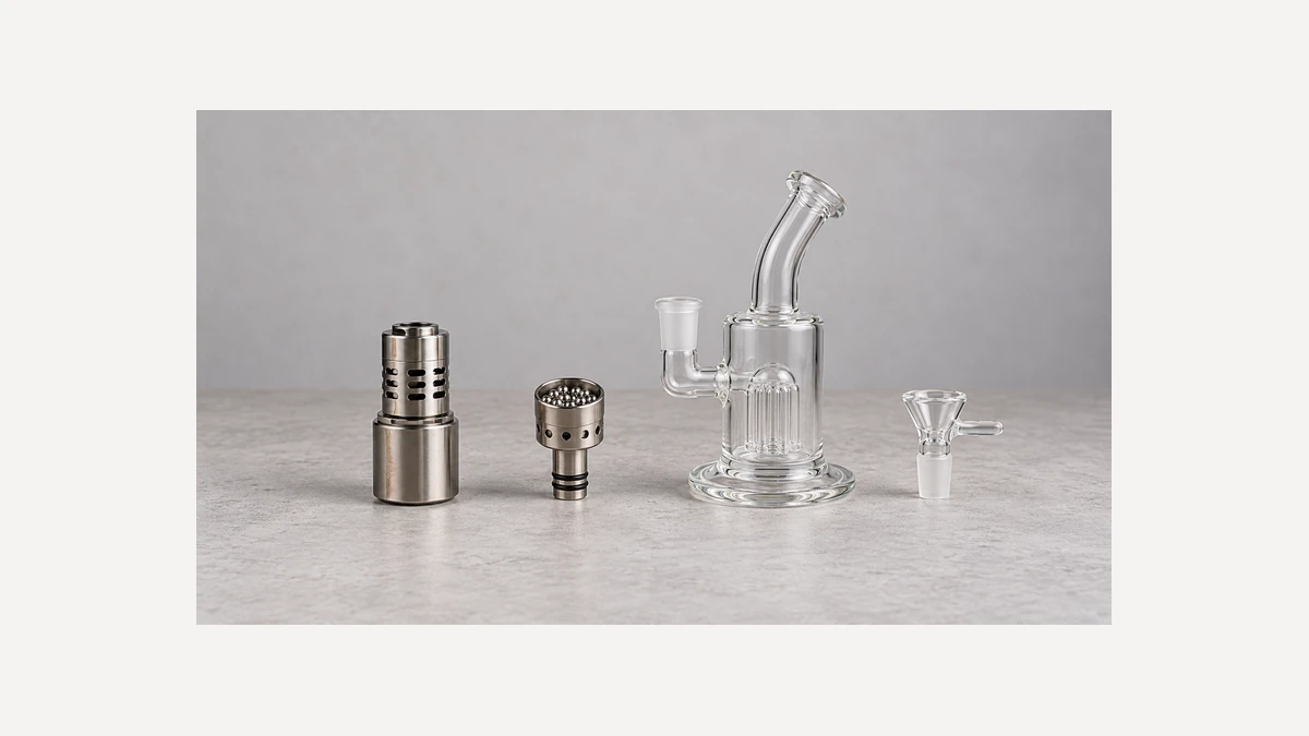 Generic modular desktop heater, glass piece, bowl, and separate chamber arranged side by side