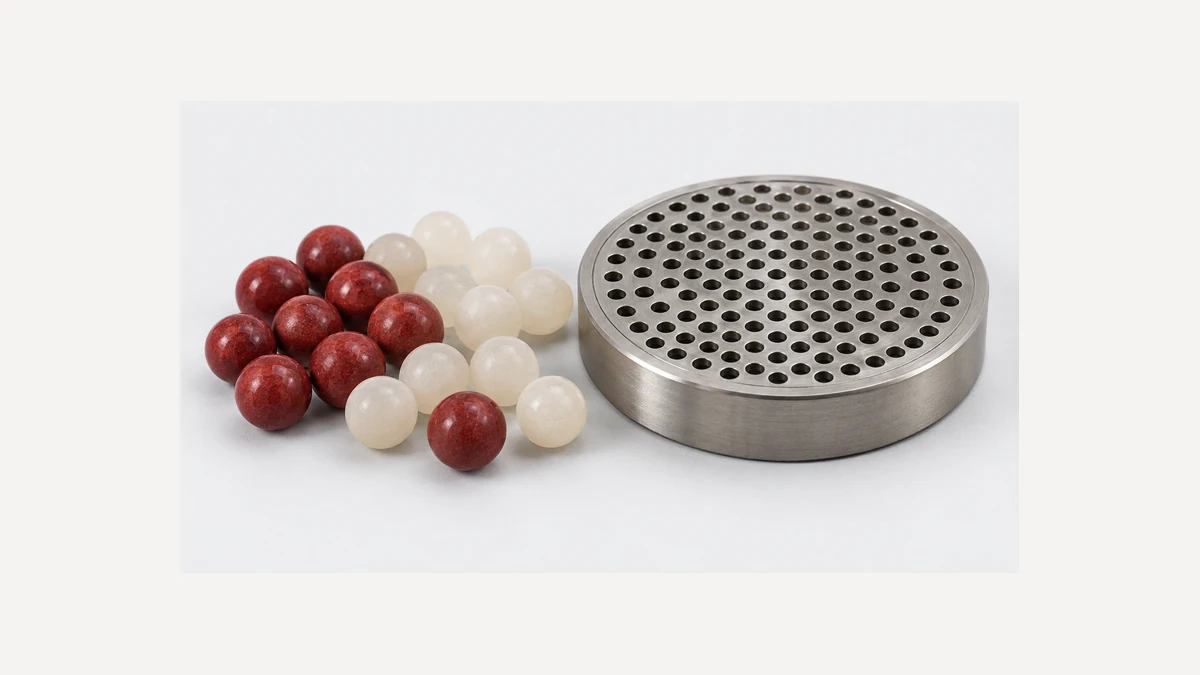 Spherical thermal media beside a perforated metal diffuser screen