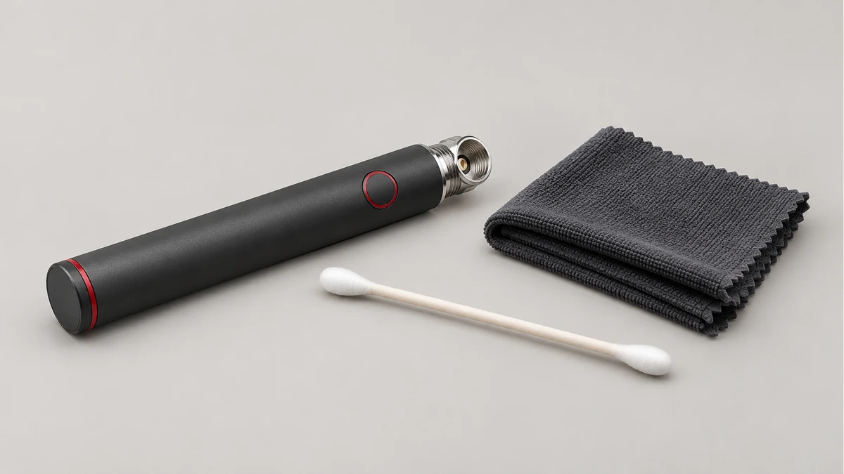 Unbranded battery beside a dry swab and folded cloth