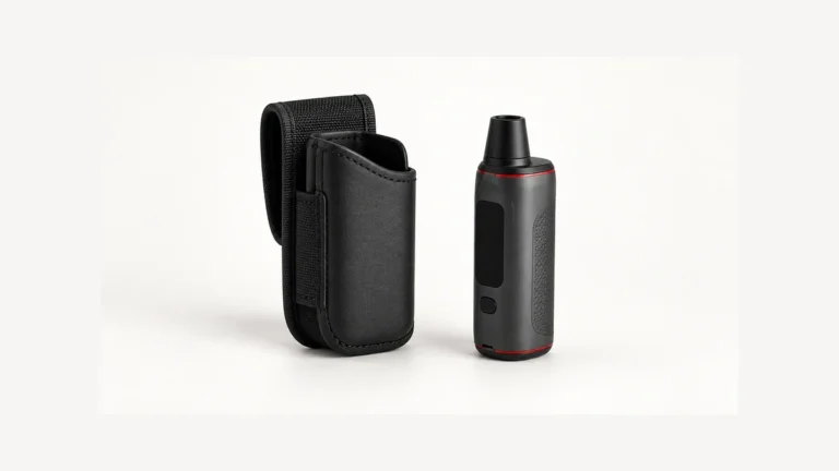 Belt-loop device holster beside an unpowered dry herb vaporizer