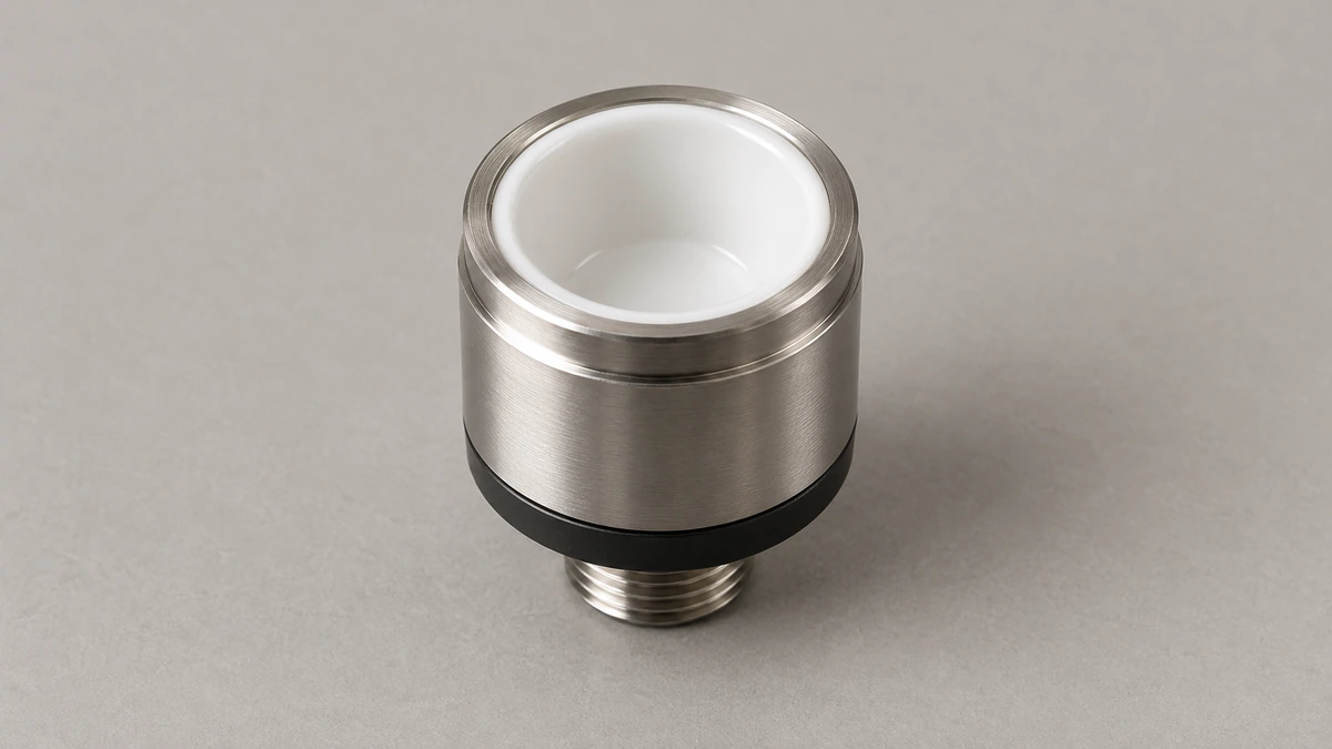Empty white cup within a complete metal pen chamber Empty white cup within a complete metal pen chamber