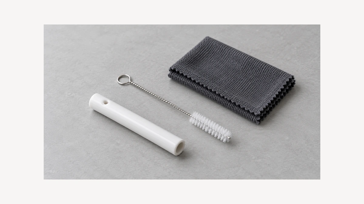 Ceramic one hitter beside separate narrow brush and folded microfiber cloth