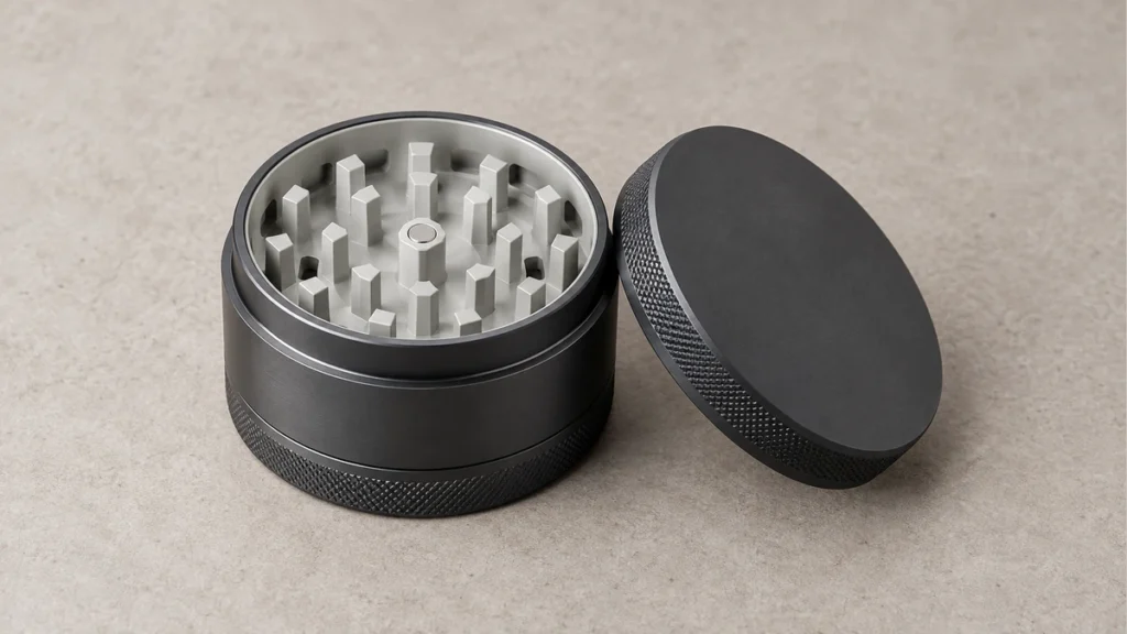 Open herb grinder with pale tooth surfaces and charcoal lid