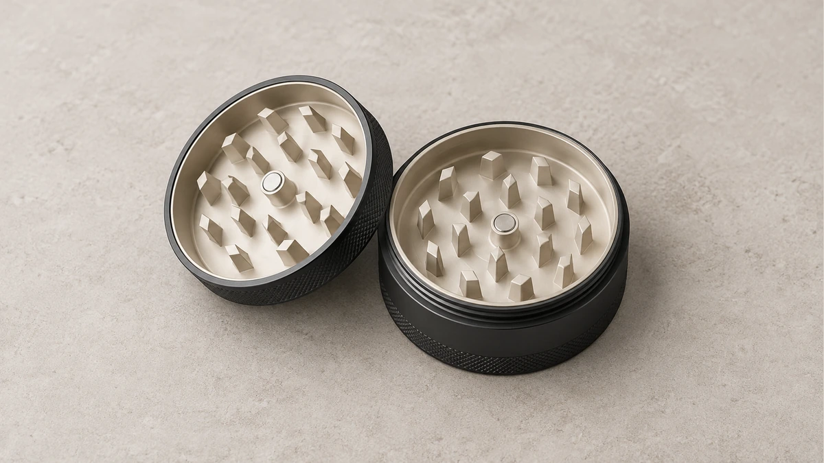 Complete upper and lower grinder halves with interlocking teeth Complete upper and lower grinder halves with interlocking teeth