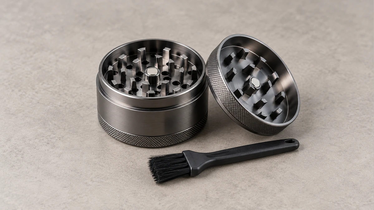 Open herb grinder beside a soft brush Open herb grinder beside a soft brush
