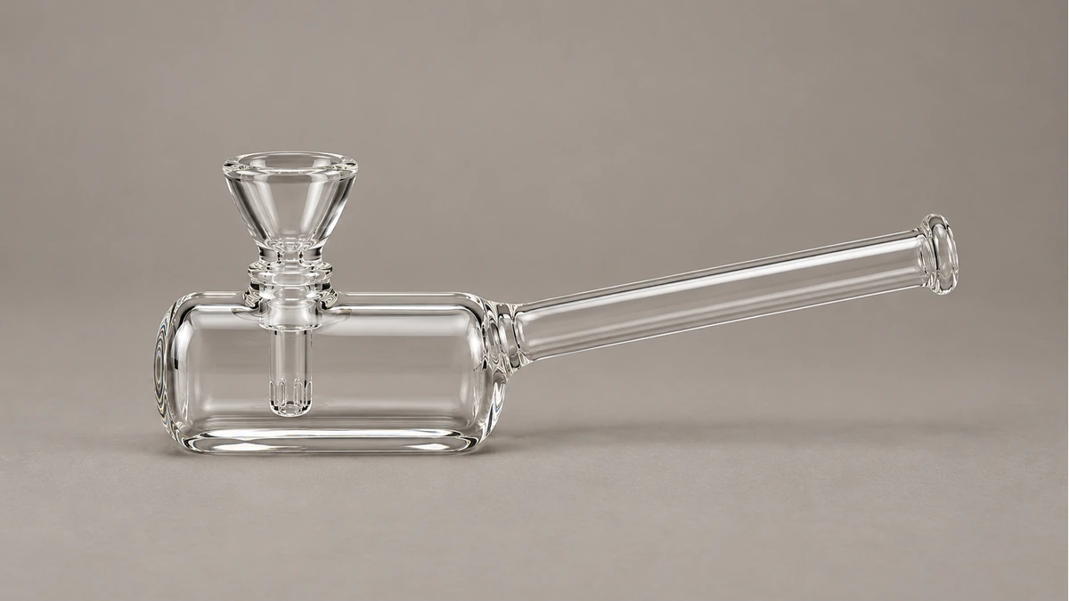 Clear hammer bubbler with integrated empty bowl and long horizontal mouthpiece Clear hammer bubbler with integrated empty bowl and long horizontal mouthpiece