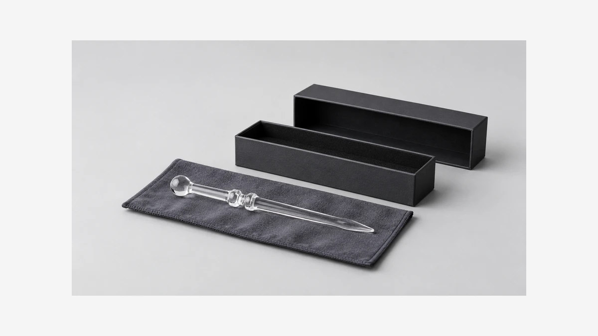 Clear solid glass tool beside an open storage box