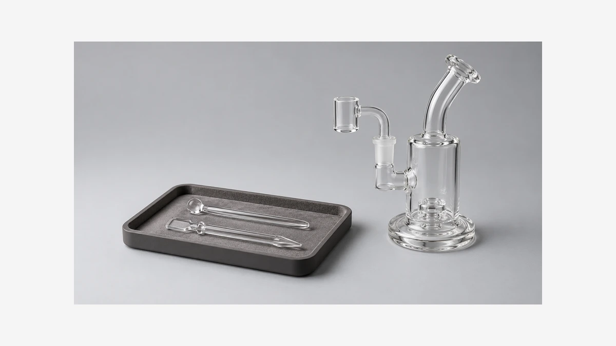 Clear solid glass tools beside an empty glass rig