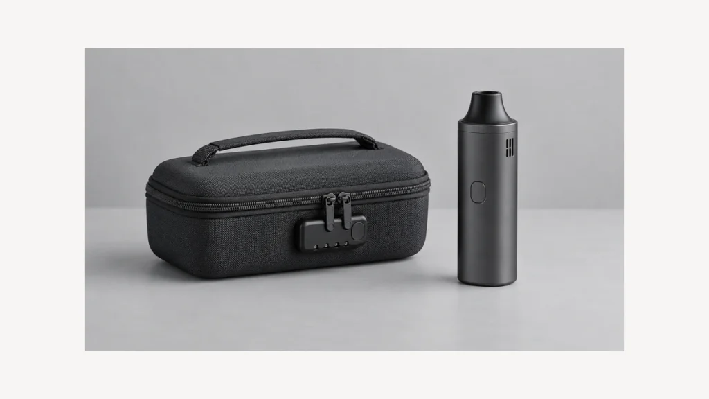 Closed accessory bag with integrated zipper lock beside inactive vaporizer