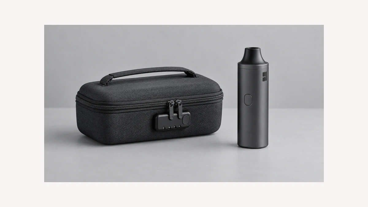Closed accessory bag with integrated zipper lock beside inactive vaporizer