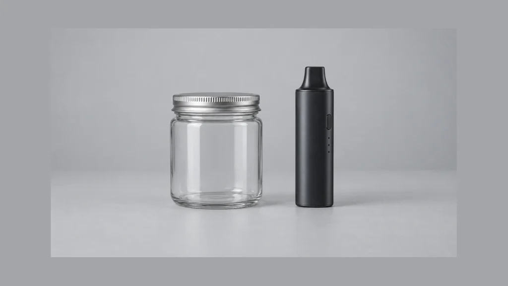 Closed empty glass storage jar beside an unpowered dry herb vaporizer