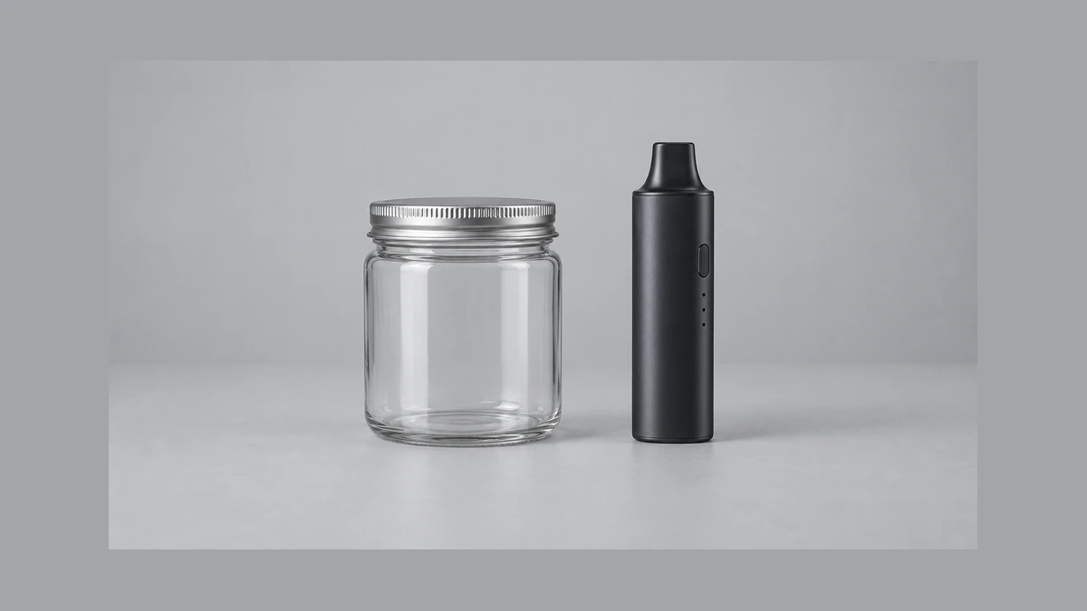 Closed empty glass storage jar beside an unpowered dry herb vaporizer