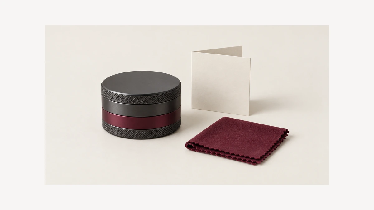 Closed grinder with burgundy exterior band beside a cloth and blank card