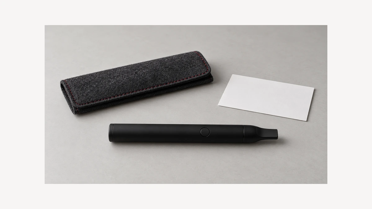 Closed inactive wax pen beside protective sleeve and blank care card
