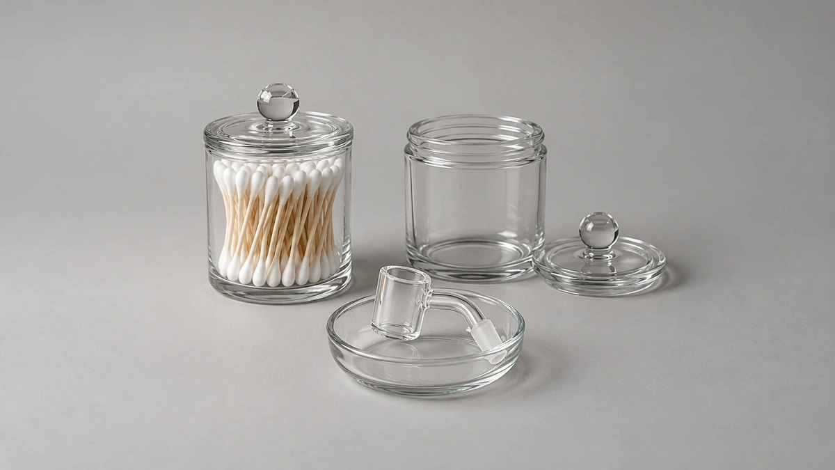 Closed jar of dry cotton swabs beside an empty jar and separate empty glass banger