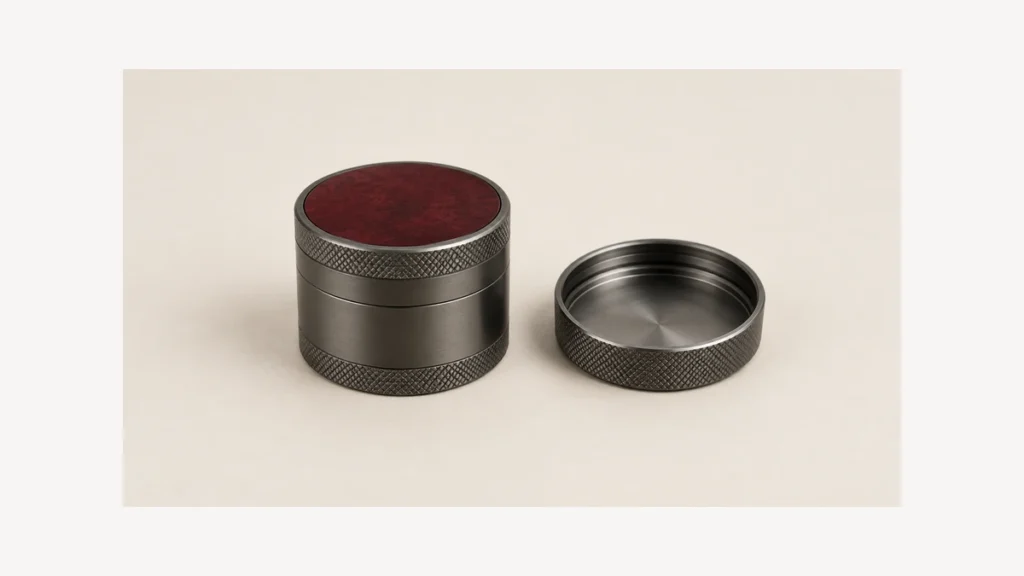 Closed metal herb grinder with burgundy top beside a separate plain cap