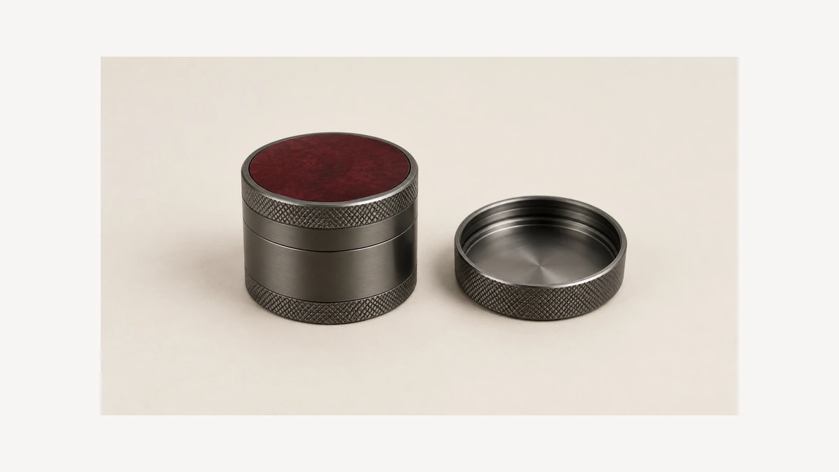 Closed metal herb grinder with burgundy top beside a separate plain cap
