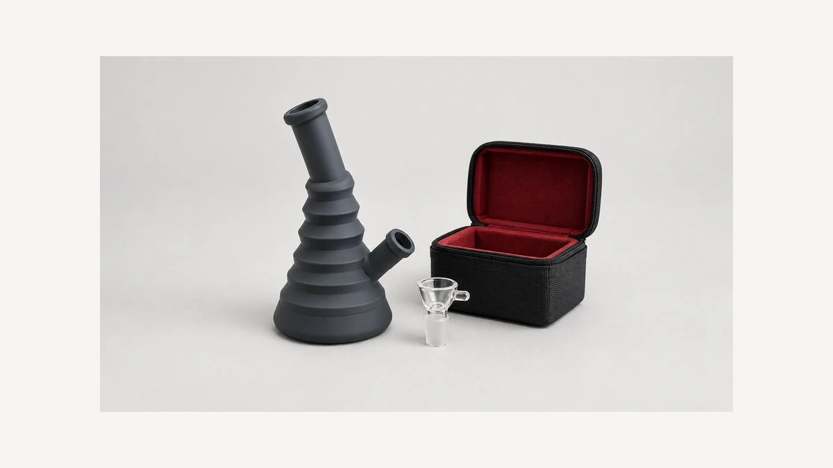 Collapsible silicone body beside a glass fitting and open case