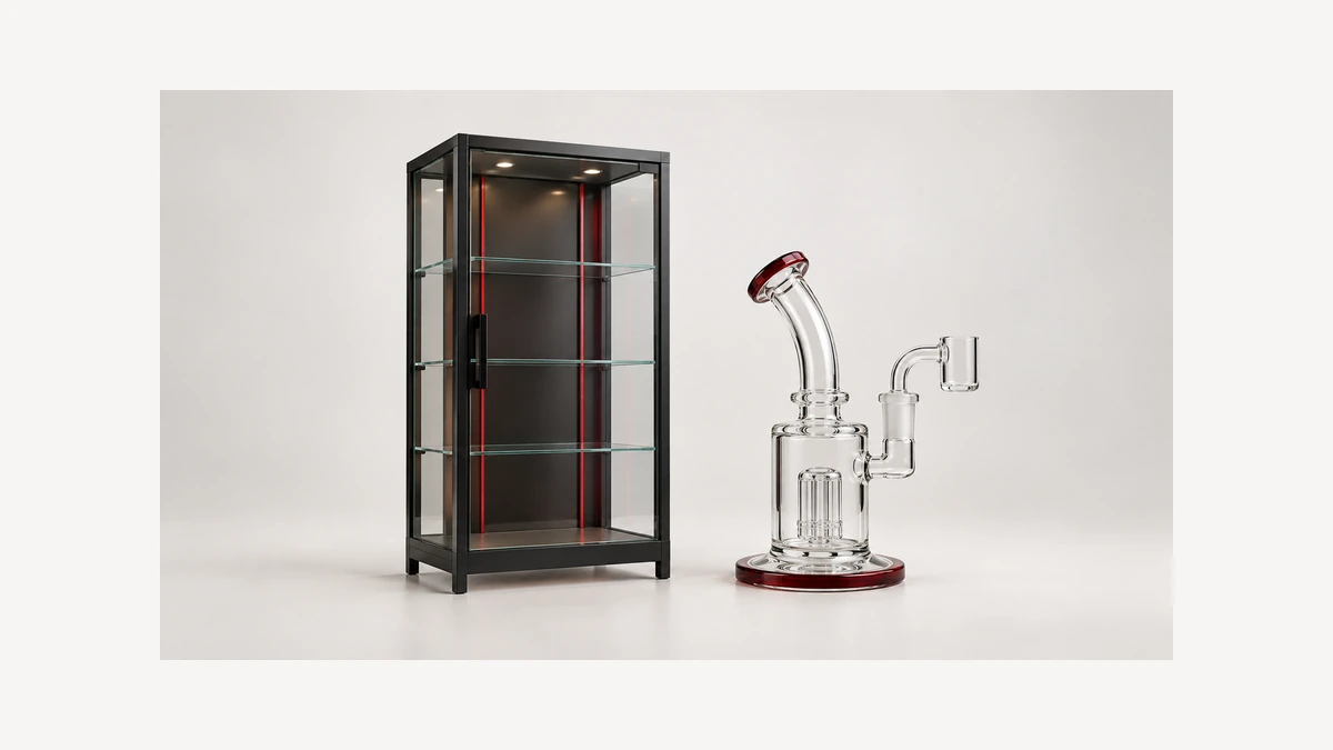 Compact display cabinet beside an empty glass rig