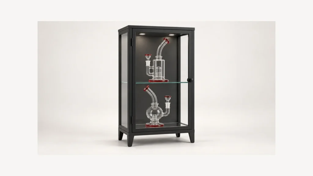 Complete glass cabinet with two empty glass rigs on separate shelves