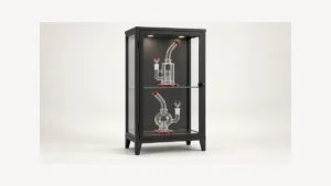 Complete glass cabinet with two empty glass rigs on separate shelves