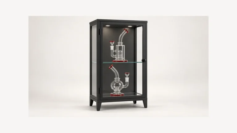 Complete glass cabinet with two empty glass rigs on separate shelves