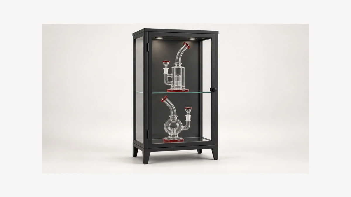 Complete glass cabinet with two empty glass rigs on separate shelves