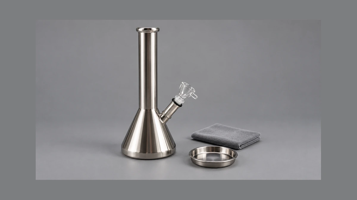 Complete steel water pipe beside a dry cloth and shallow parts dish Complete steel water pipe beside a dry cloth and shallow parts dish