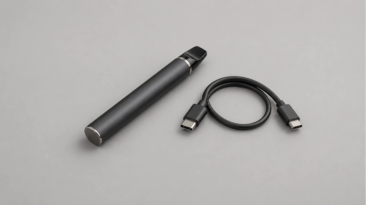 Complete unpowered wax pen beside a separate short coiled USB cable