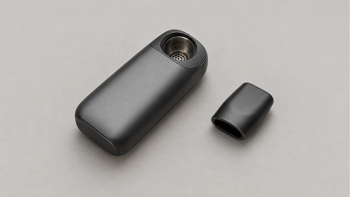 Complete dry herb device lying beside its detached mouthpiece Complete dry herb device lying beside its detached mouthpiece