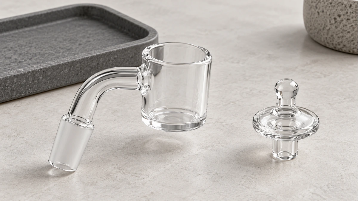 Detached intact clear banger and separate glass carb cap on a tabletop