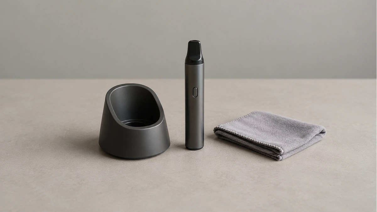 Detached passive cup holder and wax pen beside a dry cloth