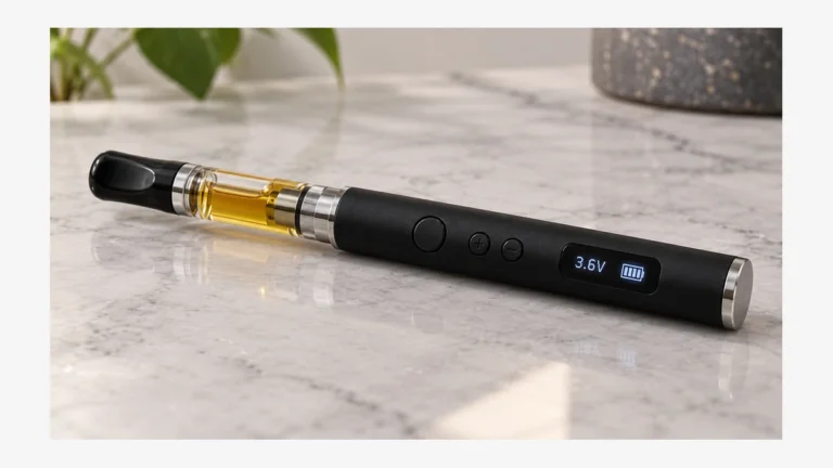 Digital 510 battery showing 3.2 volts beside an oil cartridge