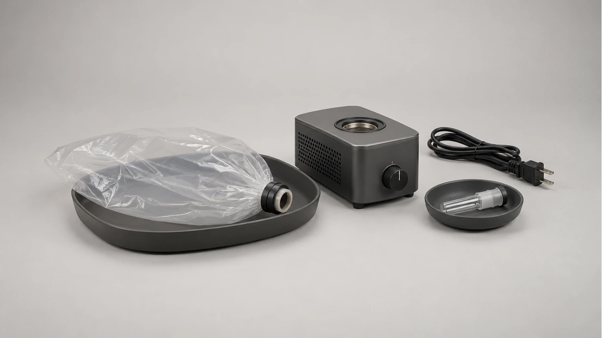 Disconnected desktop vaporizer beside an empty collection bag on a dry tray