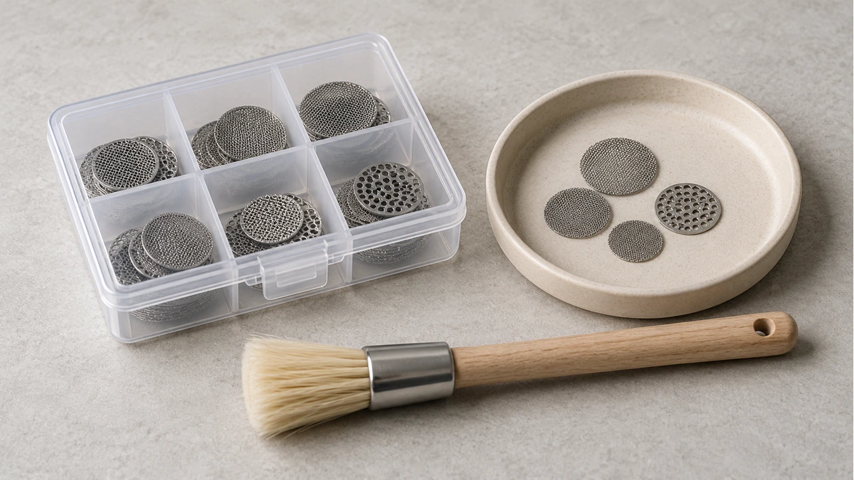 Divided screen organizer beside a soft brush and shallow parts tray Divided screen organizer beside a soft brush and shallow parts tray