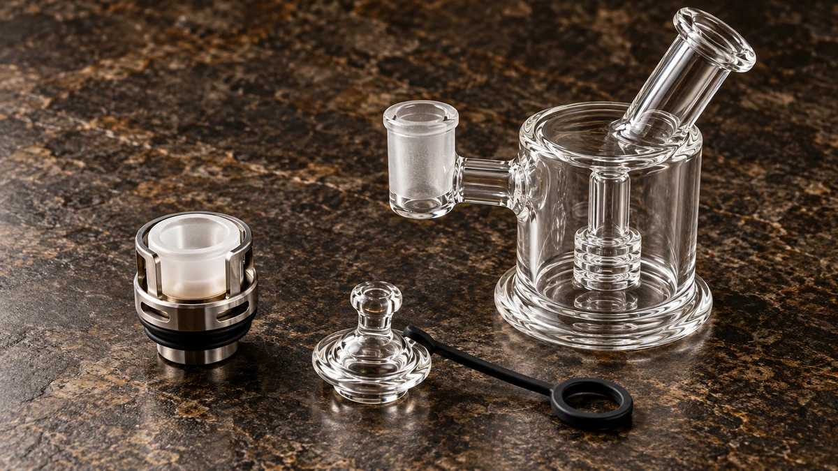 Quartz chamber component and cap arranged beside a compact e-rig base