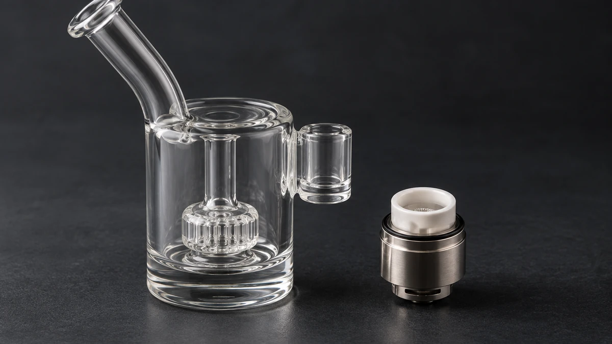 Compact e-rig, quartz chamber, and separate glass accessory arranged for identification