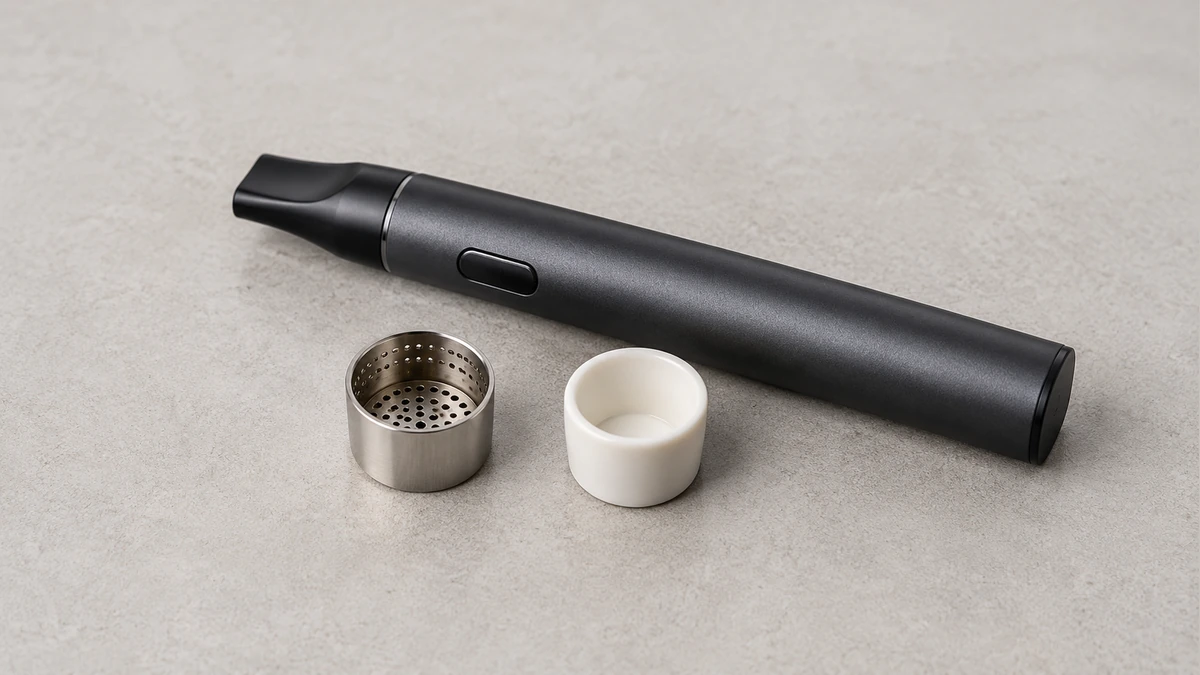 Opaque vaporizer pen beside perforated and closed-bottom chamber cups Opaque vaporizer pen beside perforated and closed-bottom chamber cups