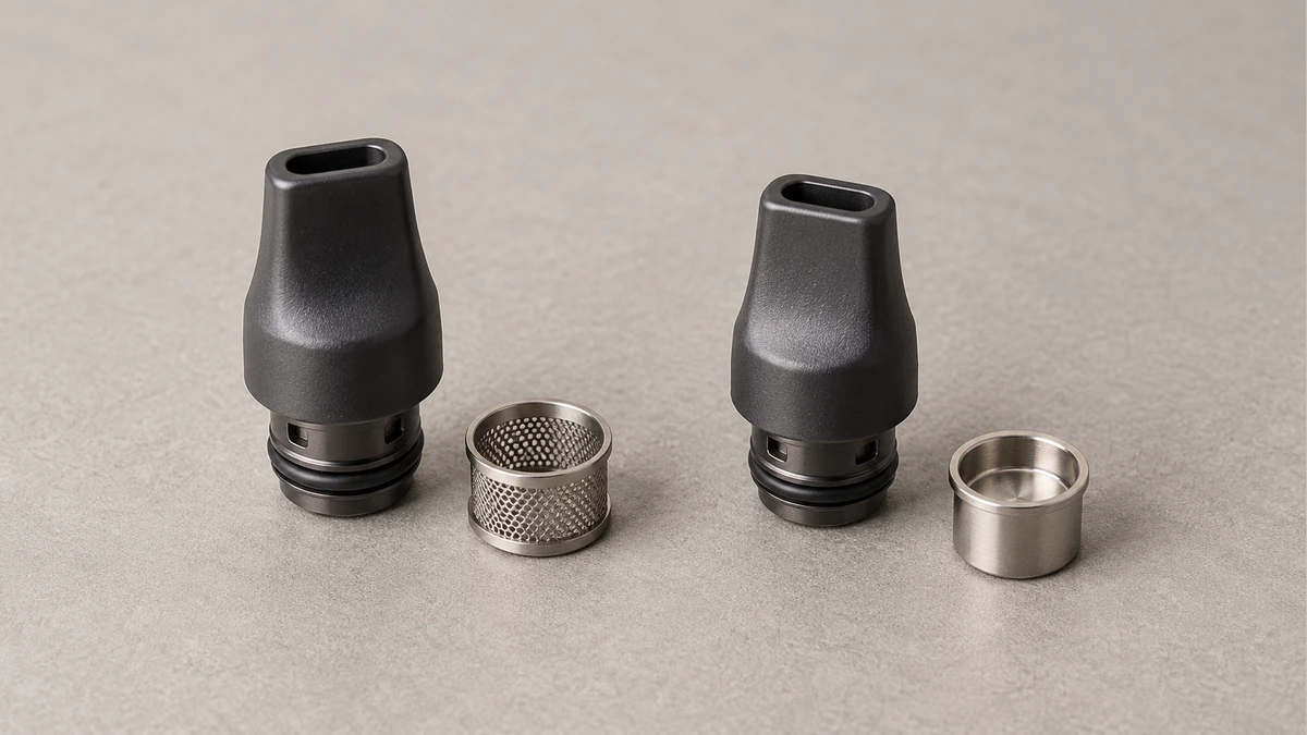 Two generic mouthpiece assemblies beside small chamber inserts Two generic mouthpiece assemblies beside small chamber inserts