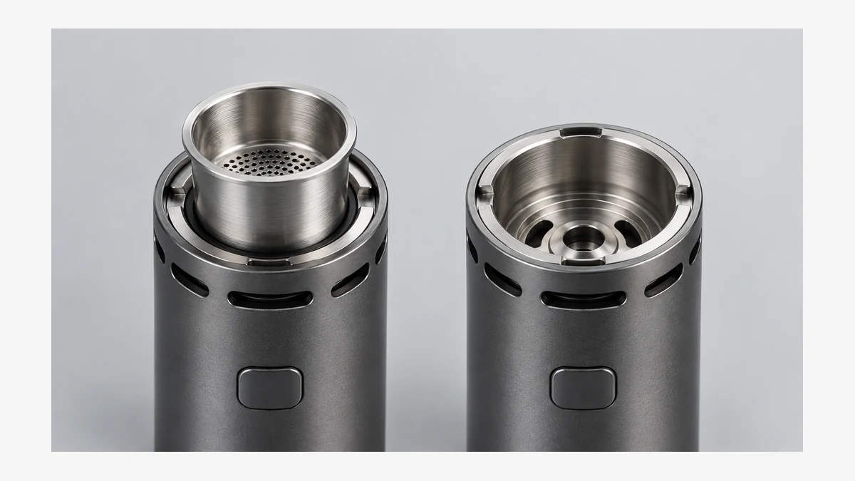 Dry herb cup seated beside an empty chamber
