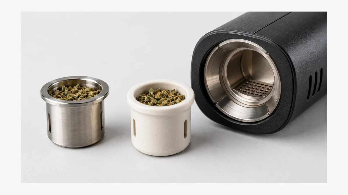 Metal and ceramic dry herb cups beside a vaporizer chamber