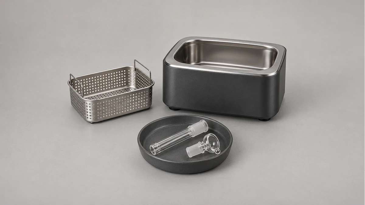 Empty cleaning bath beside a perforated basket and detached glass accessories in a dry dish