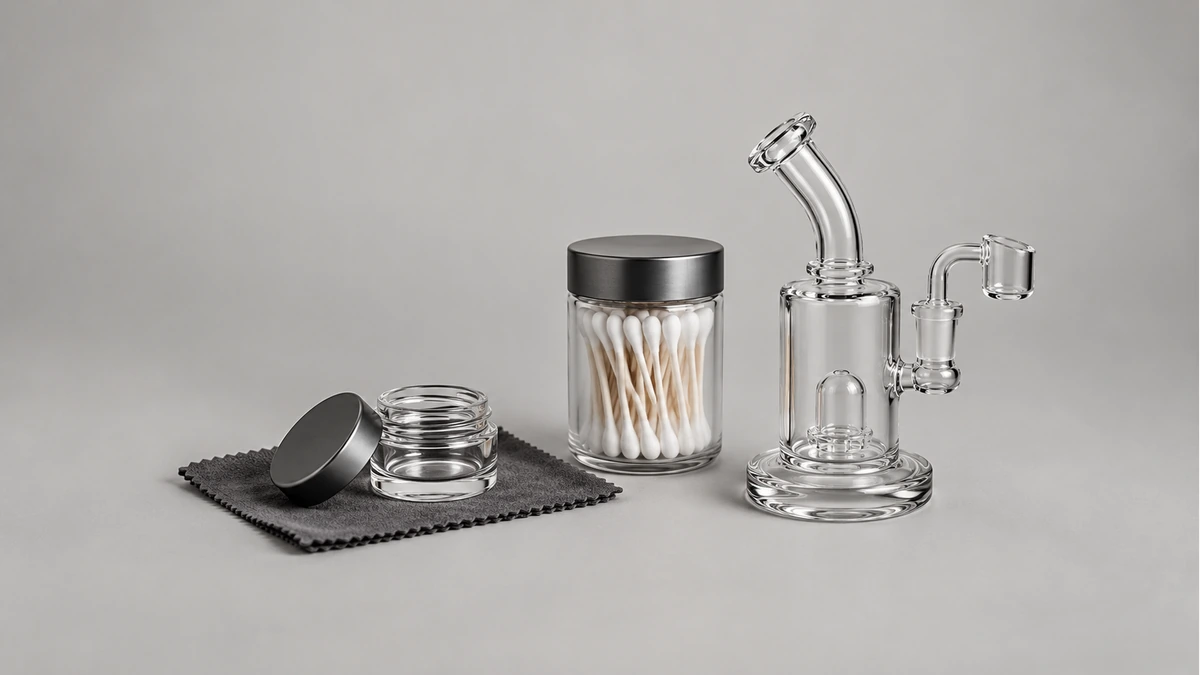 Empty cleaning well and lid beside a dry cloth closed swab jar and empty rig