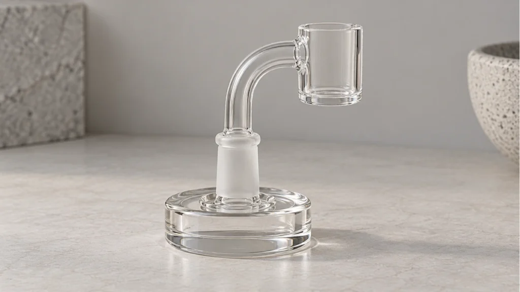 Empty clear banger seated in a broad glass desktop stand
