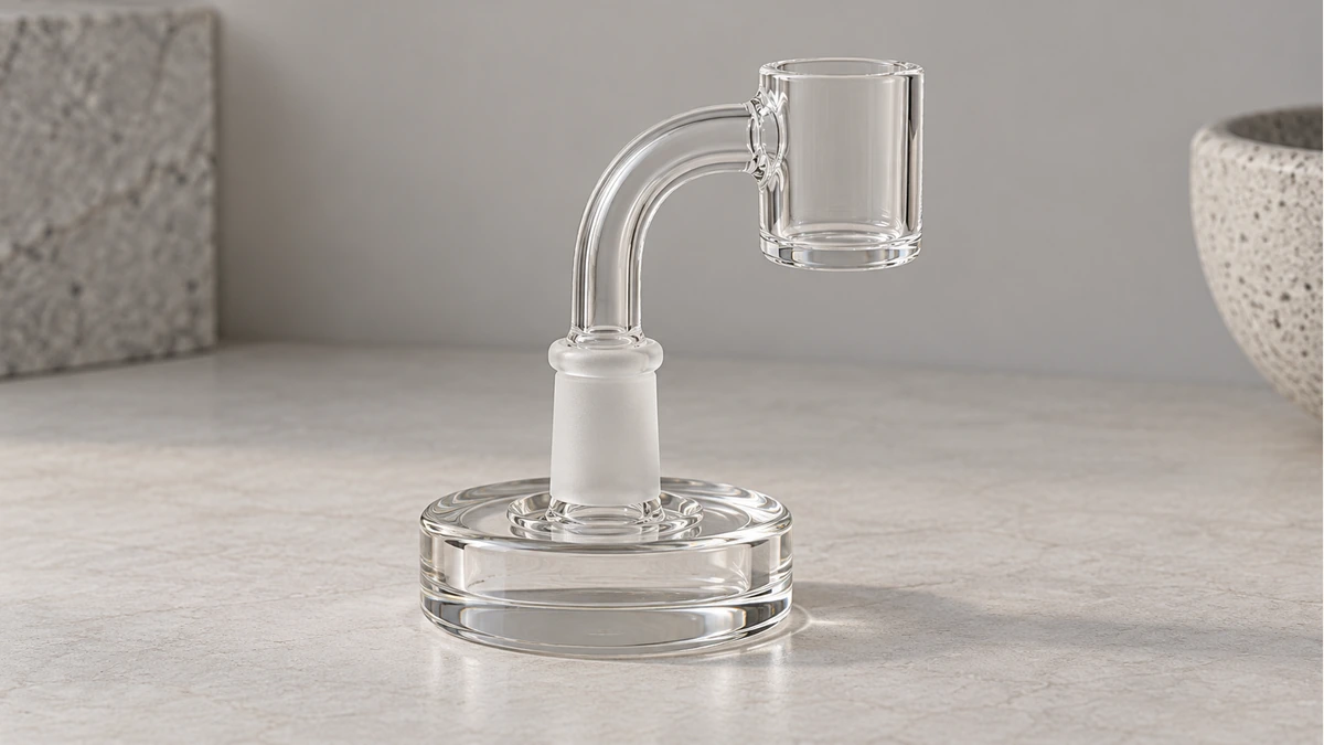 Empty clear banger seated in a broad glass desktop stand Empty clear banger seated in a broad glass desktop stand