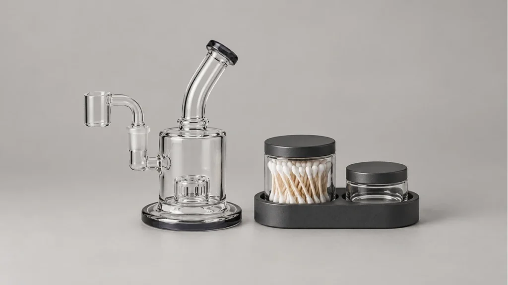 Empty compact dab rig beside separate closed swab jar and empty lidded cleaning well