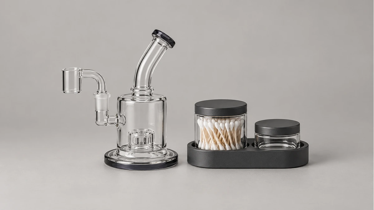 Empty compact dab rig beside separate closed swab jar and empty lidded cleaning well