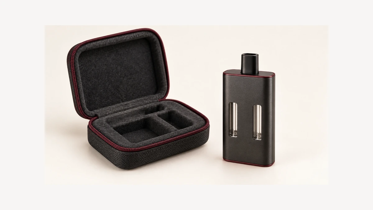 Empty dual window integrated oil vaporizer beside an open padded case
