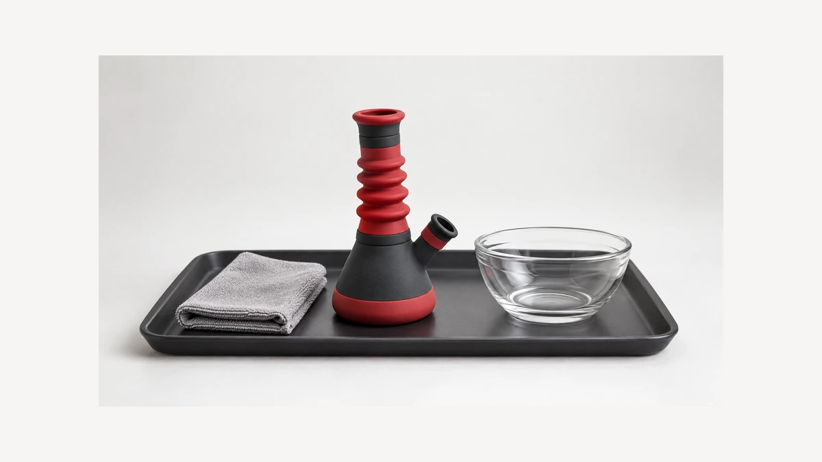Empty folded body on a dry care tray beside a cloth