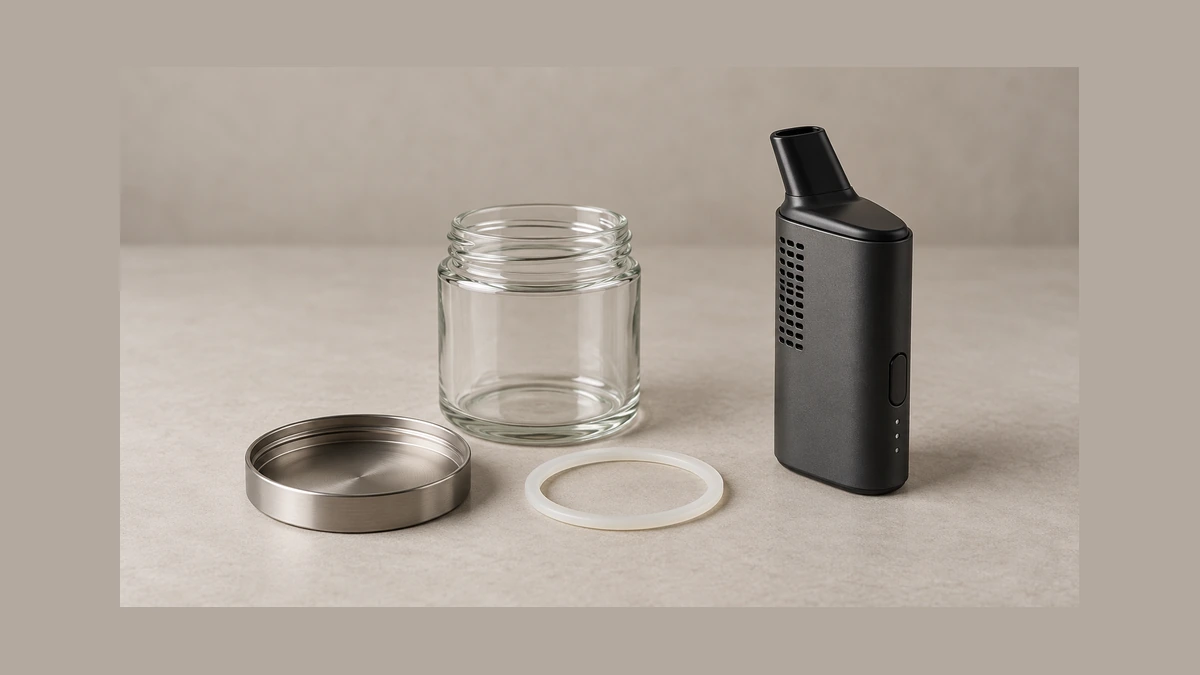 Empty glass jar with detached lid and separate seal beside a dry herb vaporizer